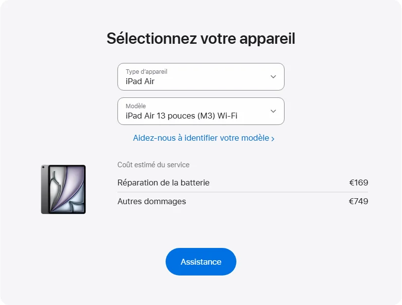 Apple France's repair pricing panel showing iPad Air 13 pouces (M3) Wi-Fi service estimates