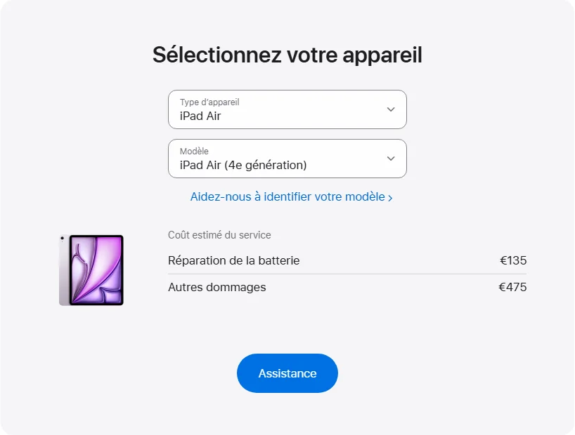 Apple France's repair pricing panel showing iPad Air (4e génération) service estimates