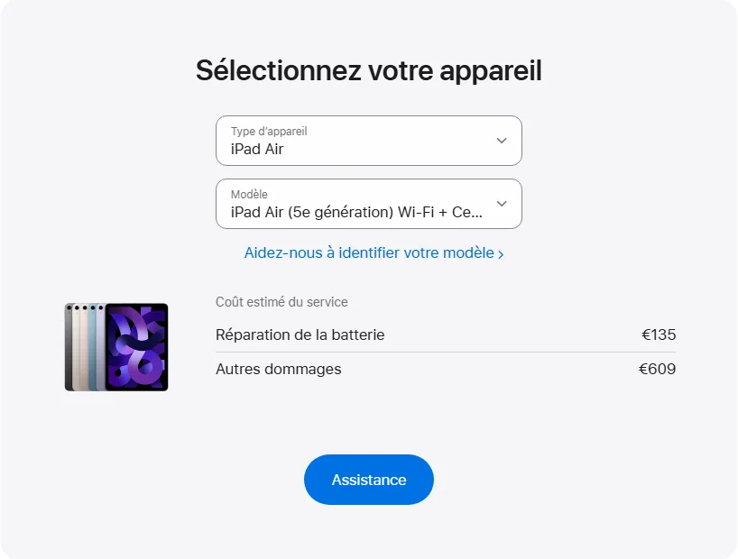 Apple France's repair pricing panel showing iPad Air (5e génération) Wi-Fi + Cellular service estimates