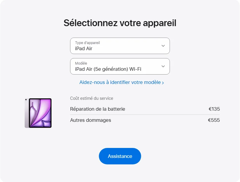 Apple France's repair pricing panel showing iPad Air (5e génération) Wi-Fi service estimates