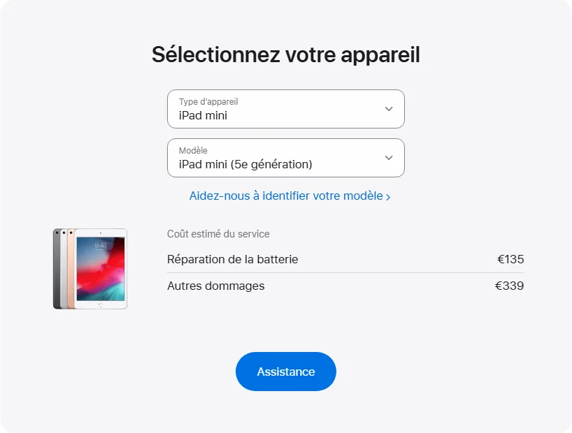 Apple France's repair pricing panel showing iPad mini (5e génération) service estimates