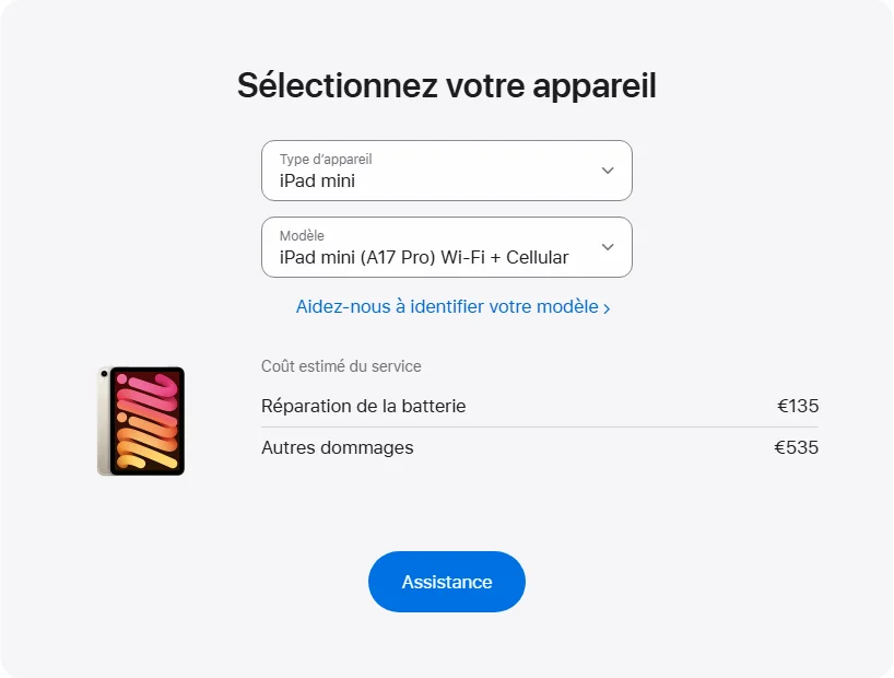 Apple France's repair pricing panel showing iPad mini (A17 Pro) Wi-Fi + Cellular service estimates