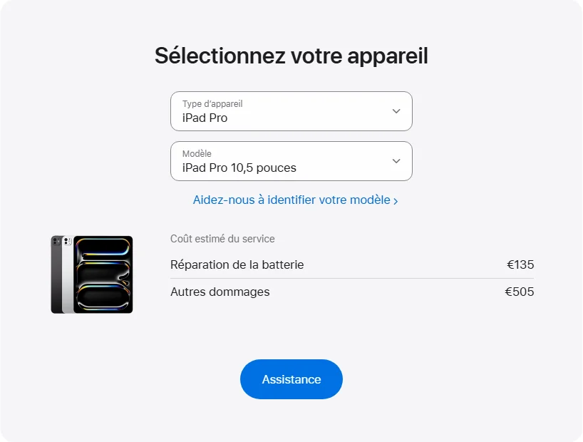 Apple France's repair pricing panel showing iPad Pro 10,5 pouces service estimates