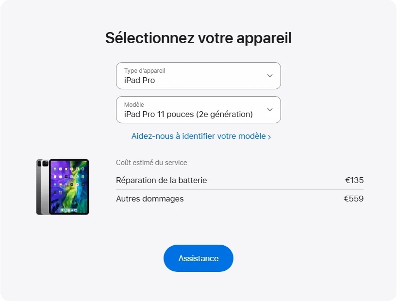 Apple France's repair pricing panel showing iPad Pro 11 pouces (2e génération) service estimates