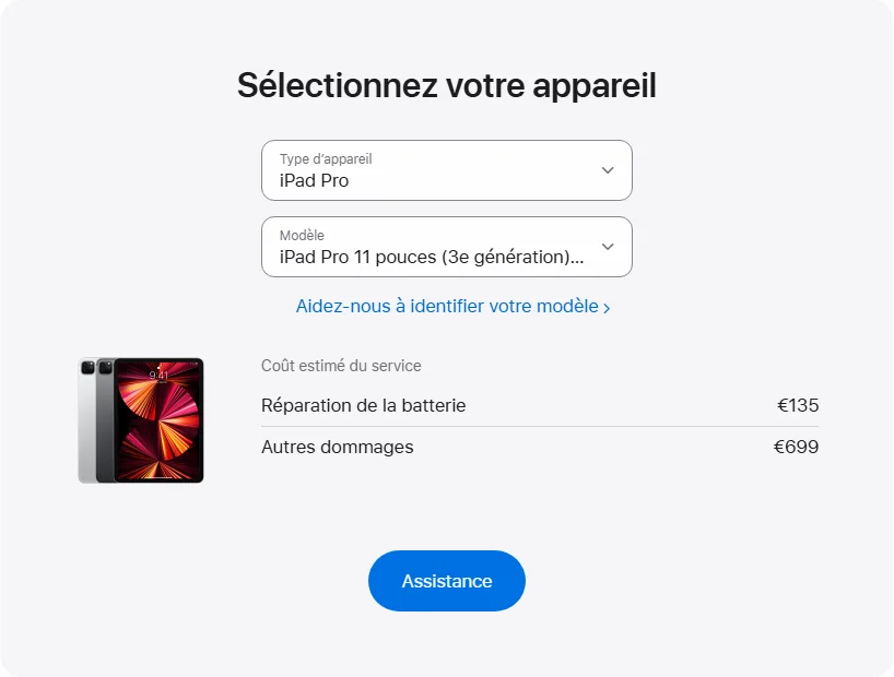 Apple France's repair pricing panel showing iPad Pro 11 pouces (3e génération) Wi-Fi service estimates
