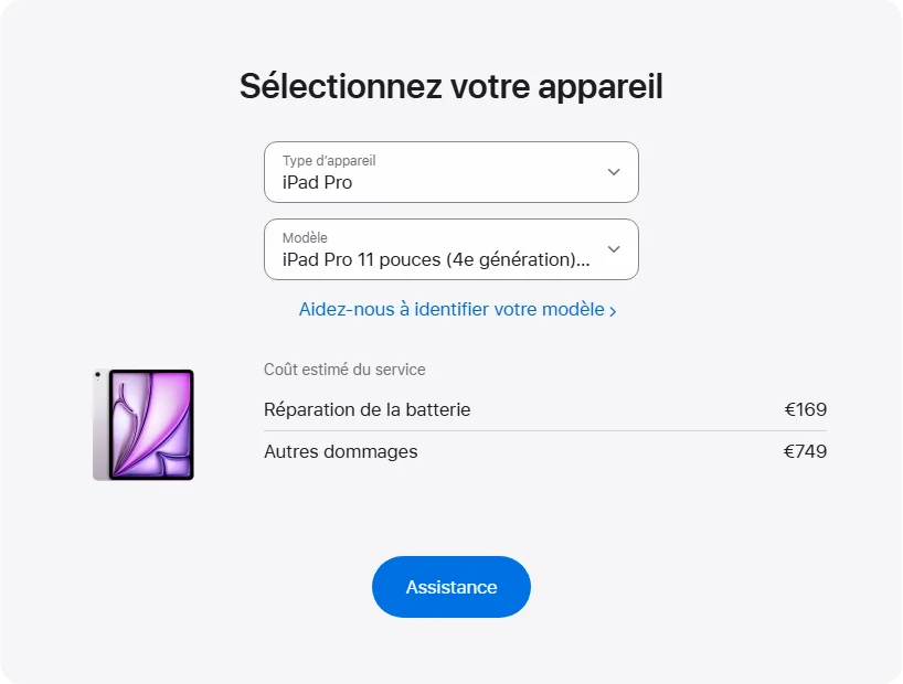 Apple France's repair pricing panel showing iPad Pro 11 pouces (4e génération) Wi-Fi + Cellular service estimates