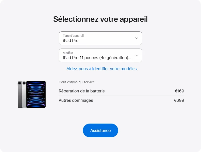 Apple France's repair pricing panel showing iPad Pro 11 pouces (4e génération) Wi-Fi service estimates