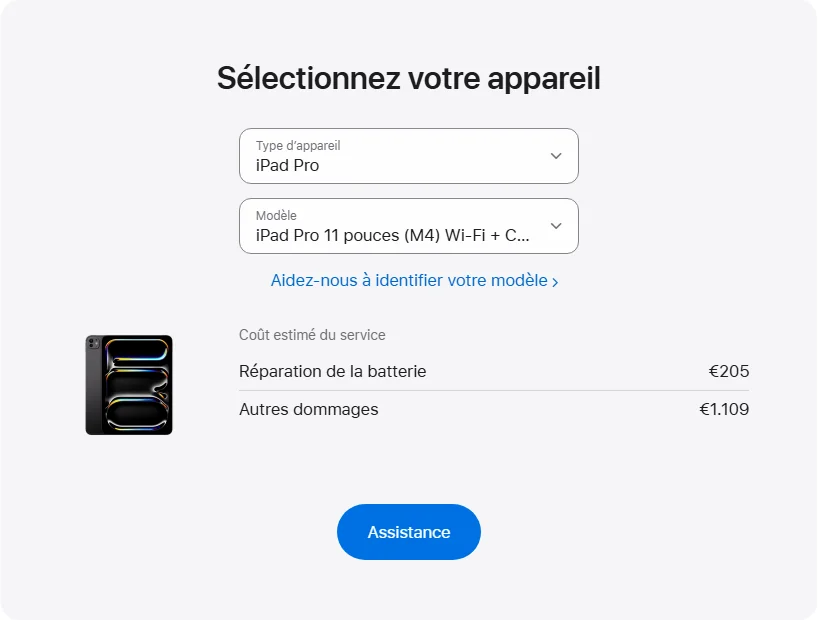 Apple France's repair pricing panel showing iPad Pro 11 pouces (M4) Wi-Fi + Cellular service estimates