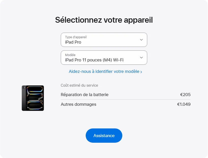 Apple France's repair pricing panel showing iPad Pro 11 pouces (M4) Wi-Fi service estimates