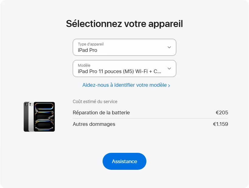Apple France's repair pricing panel showing iPad Pro 11 pouces (M5) Wi-Fi + Cellular service estimates