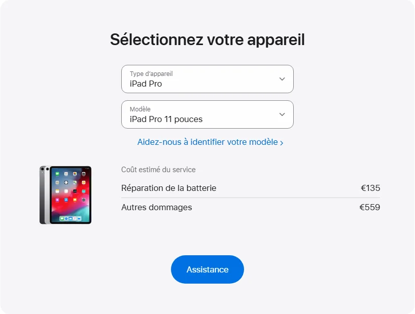 Apple France's repair pricing panel showing iPad Pro 11 pouces service estimates