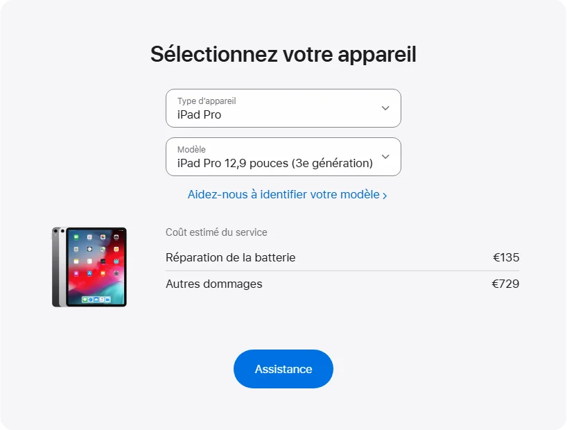 Apple France's repair pricing panel showing iPad Pro 12,9 pouces (3e génération) service estimates