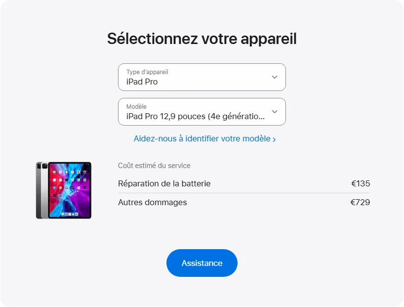 Apple France's repair pricing panel showing iPad Pro 12,9 pouces (4e génération) service estimates