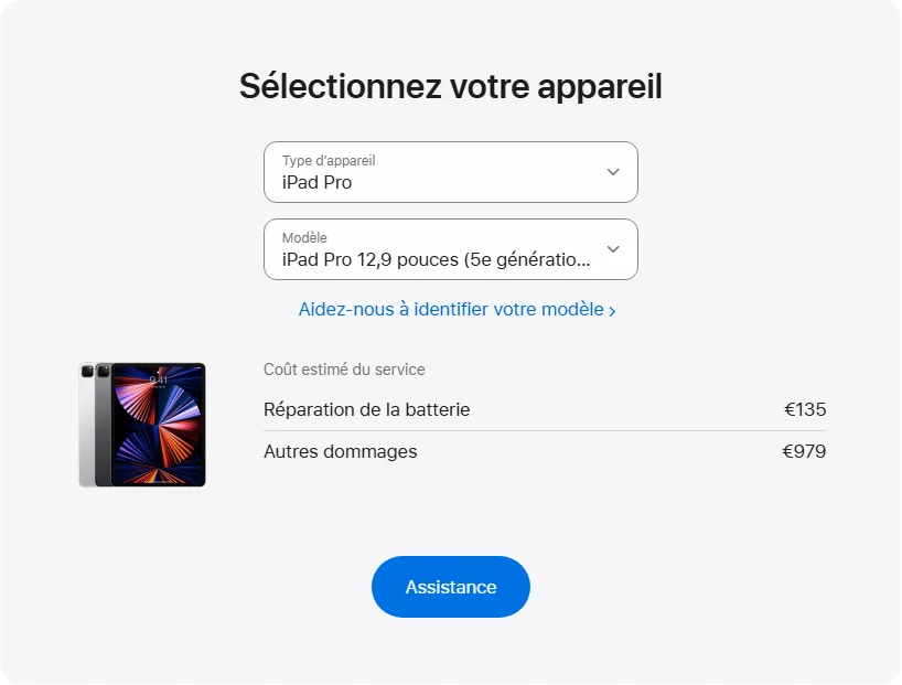 Apple France's repair pricing panel showing iPad Pro 12,9 pouces (5e génération) Wi-Fi + Cellular service estimates