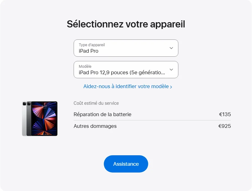 Apple France's repair pricing panel showing iPad Pro 12,9 pouces (5e génération) Wi-Fi service estimates