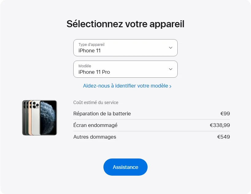 Apple France's repair pricing panel showing iPhone 11 Pro service estimates