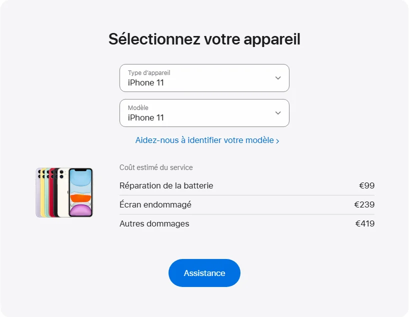 Apple France's repair pricing panel showing iPhone 11 service estimates