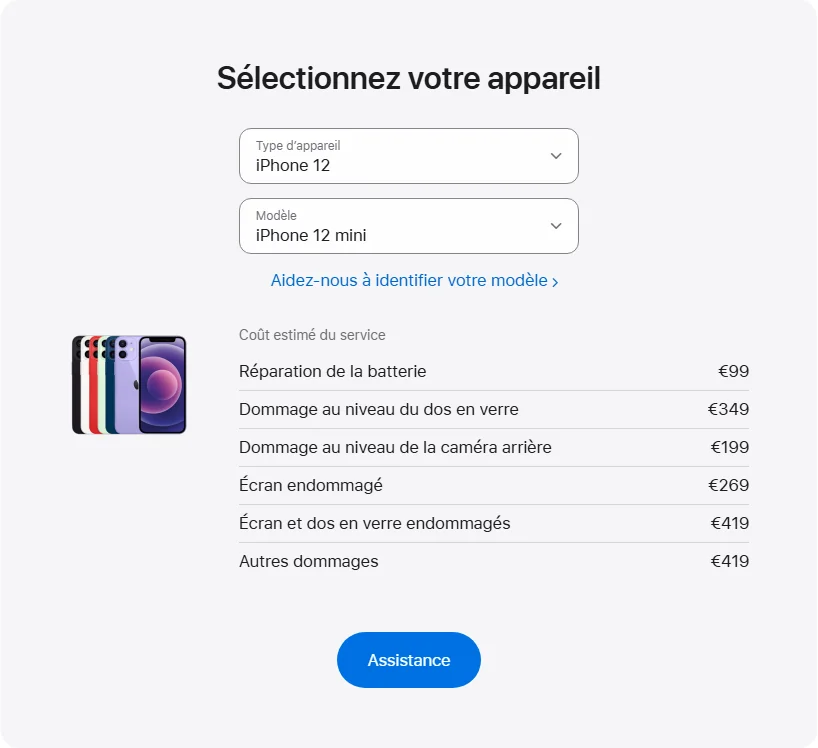 Apple France's repair pricing panel showing iPhone 12 mini service estimates