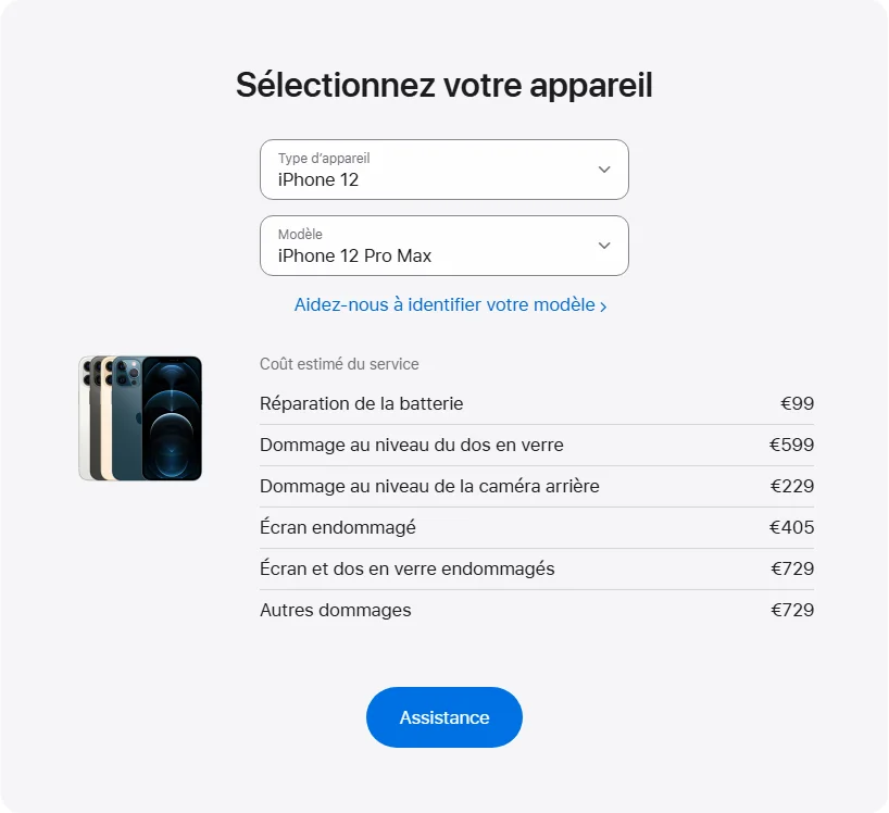 Apple France's repair pricing panel showing iPhone 12 Pro Max service estimates