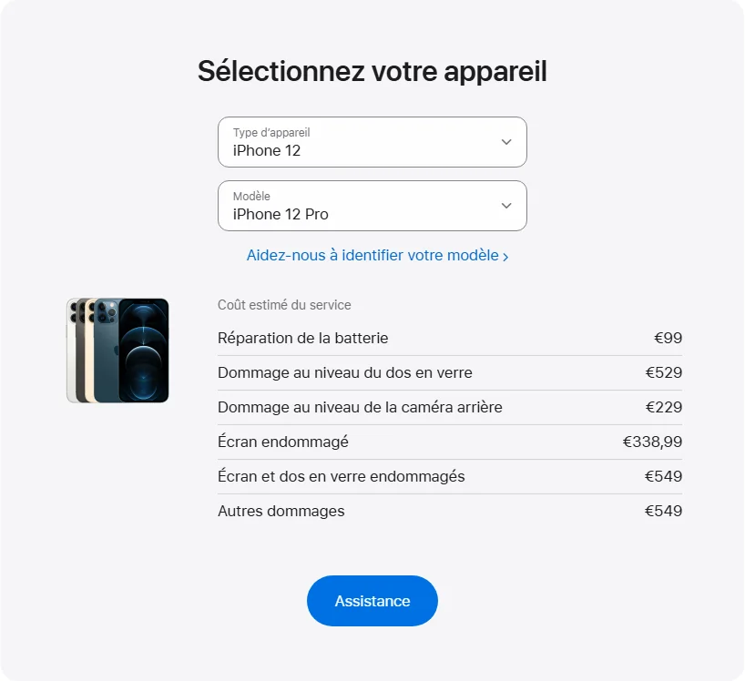 Apple France's repair pricing panel showing iPhone 12 Pro service estimates