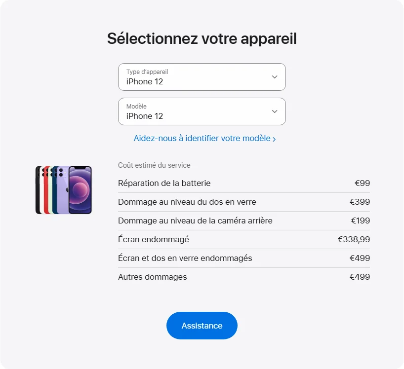 Apple France's repair pricing panel showing iPhone 12 service estimates