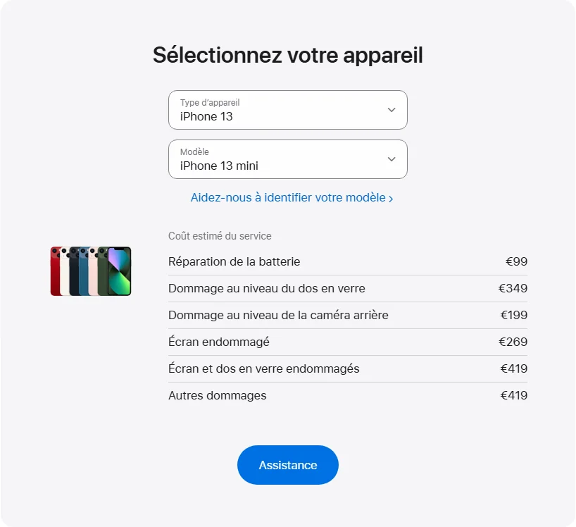 Apple France's repair pricing panel showing iPhone 13 mini service estimates
