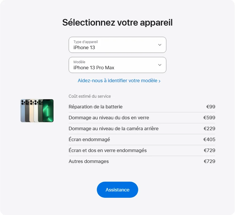Apple France's repair pricing panel showing iPhone 13 Pro Max service estimates