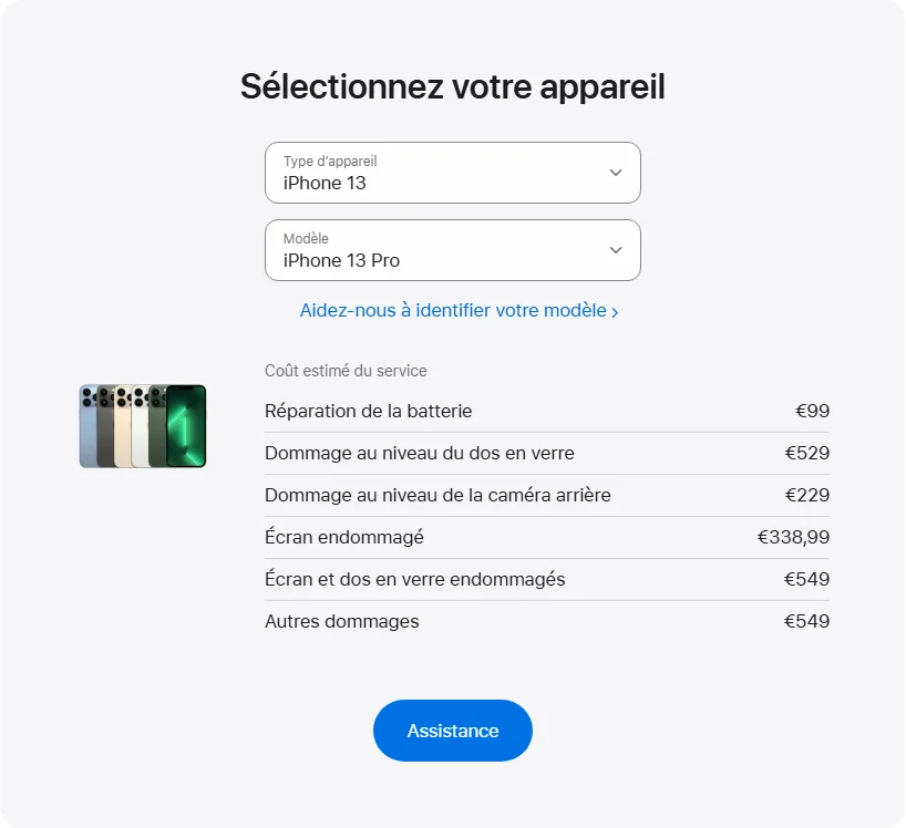 Apple France's repair pricing panel showing iPhone 13 Pro service estimates