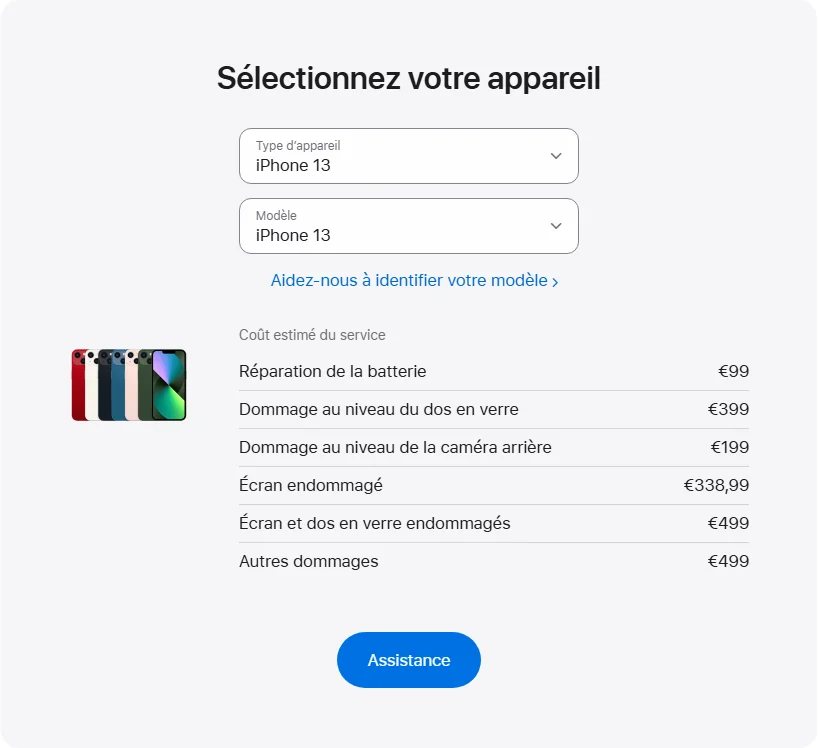 Apple France's repair pricing panel showing iPhone 13 service estimates