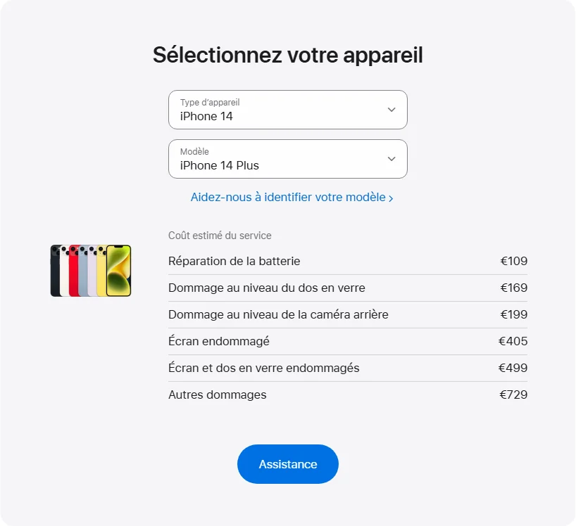 Apple France's repair pricing panel showing iPhone 14 Plus service estimates