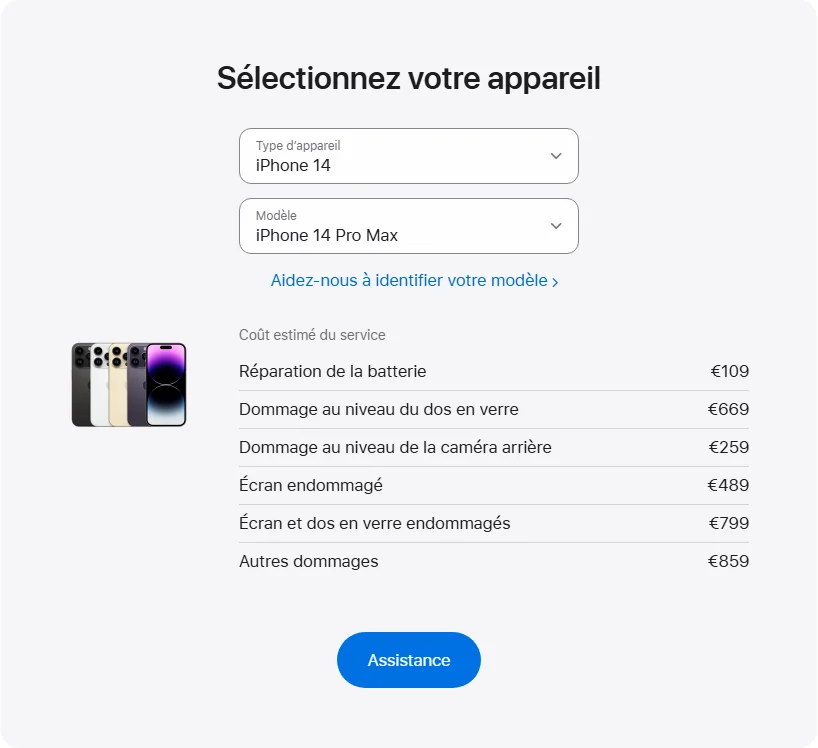 Apple France's repair pricing panel showing iPhone 14 Pro Max service estimates