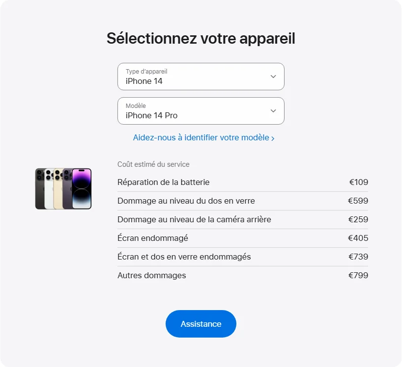 Apple France's repair pricing panel showing iPhone 14 Pro service estimates