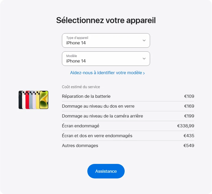 Apple France's repair pricing panel showing iPhone 14 service estimates