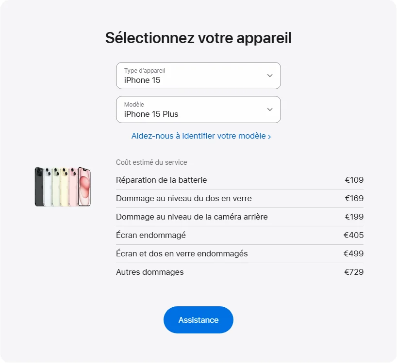 Apple France's repair pricing panel showing iPhone 15 Plus service estimates