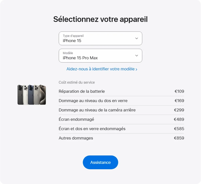 Apple France's repair pricing panel showing iPhone 15 Pro Max service estimates