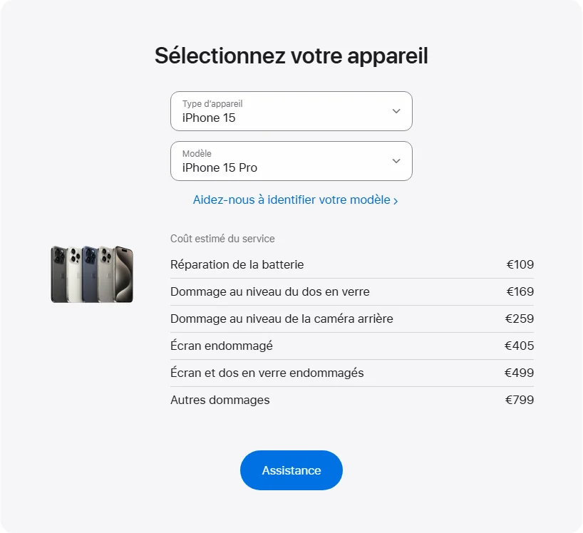 Apple France's repair pricing panel showing iPhone 15 Pro service estimates