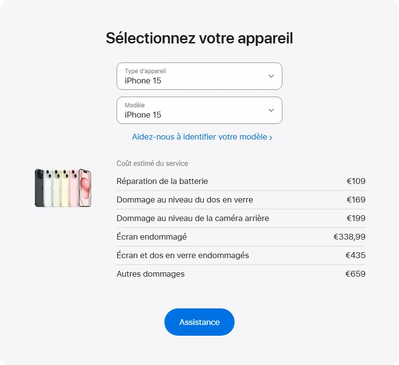 Apple France's repair pricing panel showing iPhone 15 service estimates