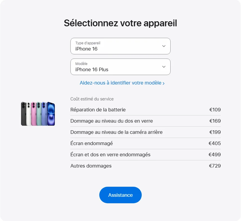 Apple France's repair pricing panel showing iPhone 16 Plus service estimates