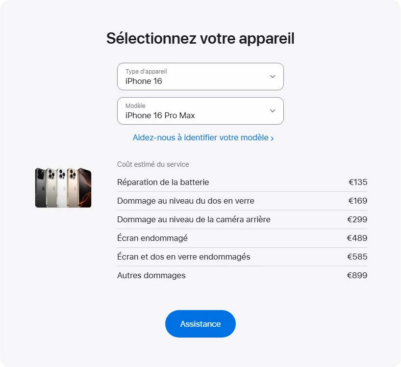 Apple France's repair pricing panel showing iPhone 16 Pro Max service estimates