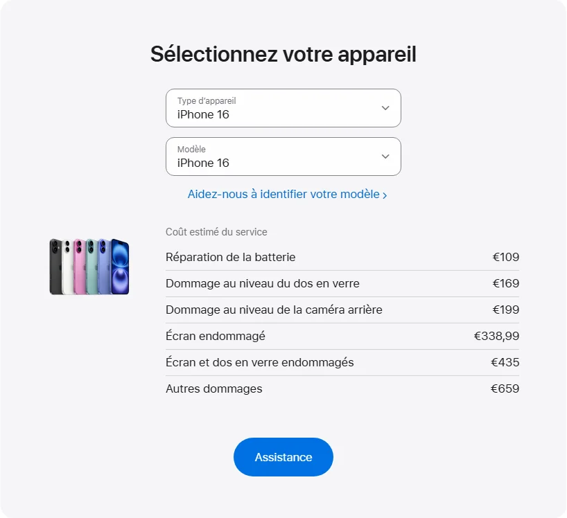 Apple France's repair pricing panel showing iPhone 16 service estimates