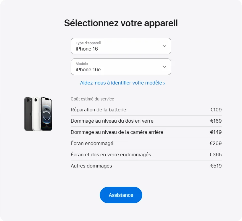 Apple France's repair pricing panel showing iPhone 16e service estimates