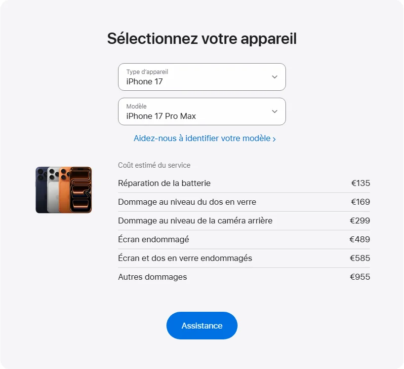 Apple France's repair pricing panel showing iPhone 17 Pro Max service estimates