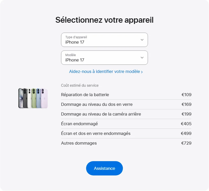 Apple France's repair pricing panel showing iPhone 17 service estimates