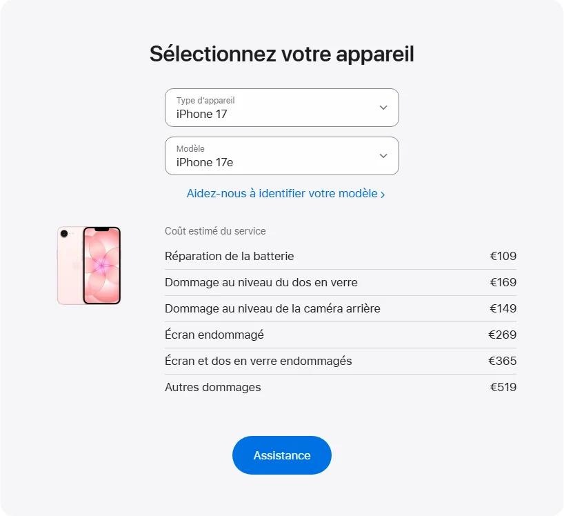 Apple France's repair pricing panel showing iPhone 17e service estimates