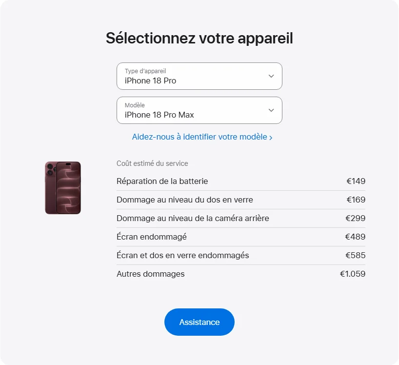 Apple France's repair pricing panel showing iPhone 18 Pro Max service estimates
