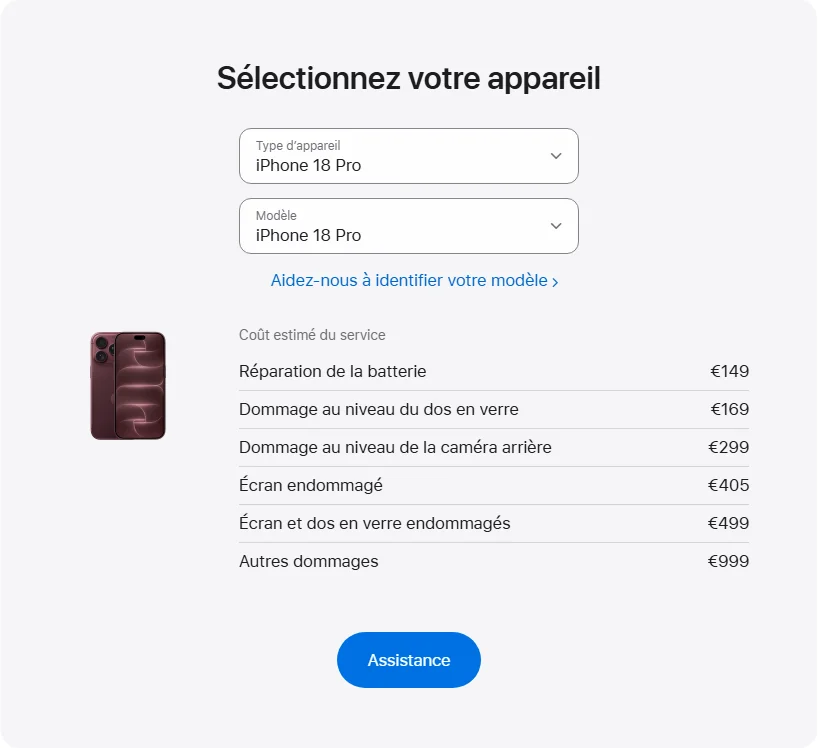 Apple France's repair pricing panel showing iPhone 18 Pro service estimates