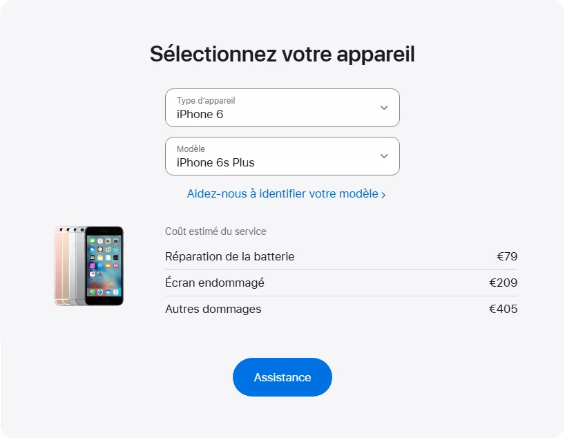 Apple France's repair pricing panel showing iPhone 6s Plus service estimates
