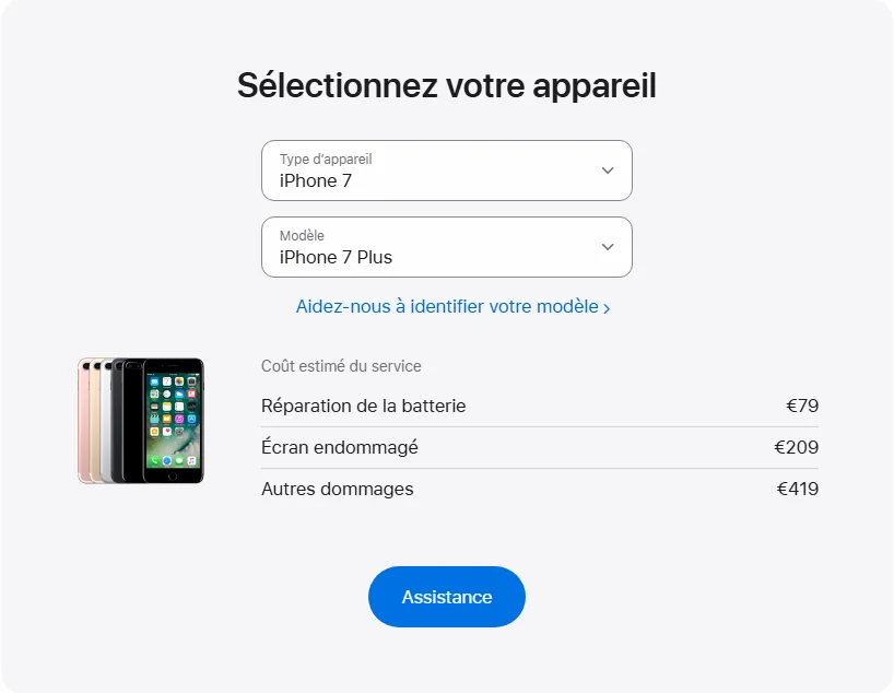 Apple France's repair pricing panel showing iPhone 7 Plus service estimates