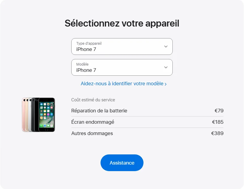 Apple France's repair pricing panel showing iPhone 7 service estimates
