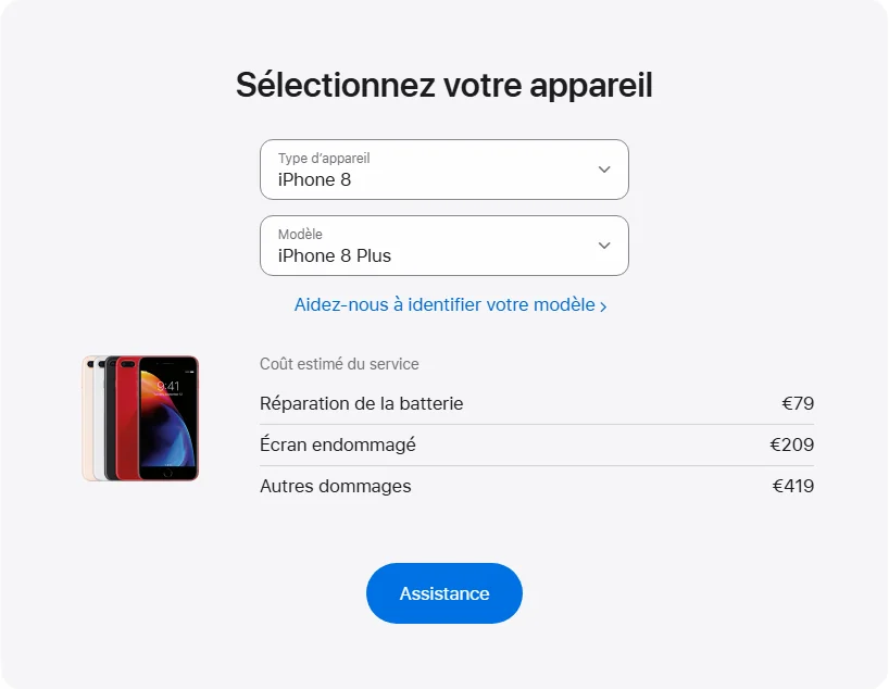 Apple France's repair pricing panel showing iPhone 8 Plus service estimates